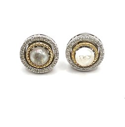 Vintage 14K Gold And Sterling Silver Clear Stones Pearl Style Beaded Round Earrings