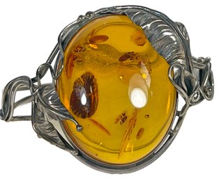 Huge Sterling Silver And Massive Genuine Amber Stone Hinged Cuff Bracelet