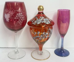 Lot Of 3 Colored Glass Decorative Glasses