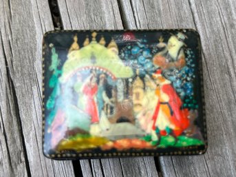 Vintage Russian Hand Painted Fairy Tale Black Lacquer Enamel Covered Box