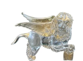 Signed Murano Gold Flecked Art Glass Winged Lion Of St. Mark With Artists Mark