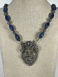 Amazing Bacchus Head Genuine Lapis Stones Heavy Sterling Silver Necklace