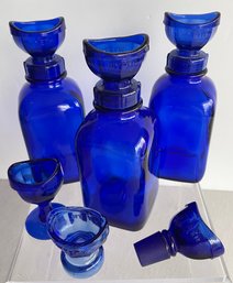 Lot Of 3 Wyeth Cobalt Blue Glass Eye Wash Bottles W/eye Wash Cups  3 Eye Wash Cups