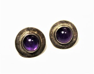 Fine Genuine Cabochon Amethyst Round Sterling Silver Pierced Earrings