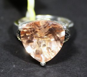 Contemporary Sterling Silver Large Cocktail Ring Having Peach Colored Gemstone Size 7