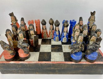 One Of A Kind Handmade Paper Mache Chess Board And Pieces
