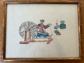 Asian Silk Screen Of Woman Using Spinning Wheel