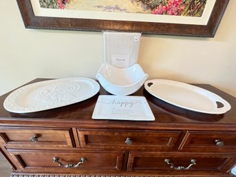 Two Turkey Platters , Bowl, Platter, And Table Cloth