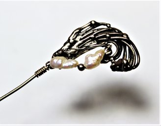 Hand Crafted Artisan Sterling Silver Stick Pin Having Genuine Fresh Water Pill