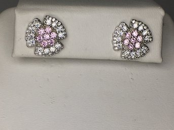 Beautiful 925 / Sterling Silver Earrings With Pink Tourmaline And Sparkling White Zircons - Very Pretty Pair !