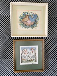 Pair Of Avian Textiles - Needlework - Framed - Vintage