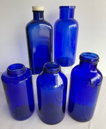 Lot Of 5 Large Cobalt Blue Glass Bottles 1 Embossed 'BRIOSCHI', 1 W/Lid Made By Hazel Atlas See Pics