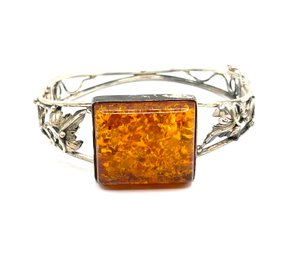 Beautiful Sterling Silver Large Square Amber Color Ornate Hinged Bracelet