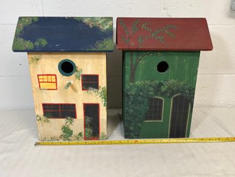 Pair Of Oversized Hand Painted Decorative Wooden Bird Houses - 20' Tall!