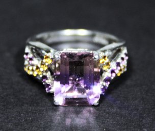 Fine Sterling Silver Genuine Amethyst & Citrine Gemstone Ring Size 7