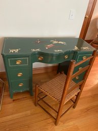 Vintage Refinished Pedestal Desk Handpainted 7 Drawers 47x18x30 And Woven Ladder Back Style Chair 19x14x37