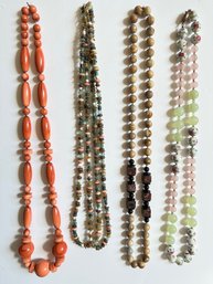 4 Vintage Beaded Necklaces: Glass, Natural Stone & More, Floral With Silver Clasp