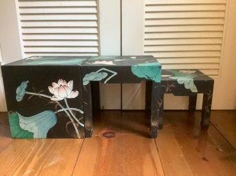 BLACK FLORAL PAINTED NESTING TABLES
