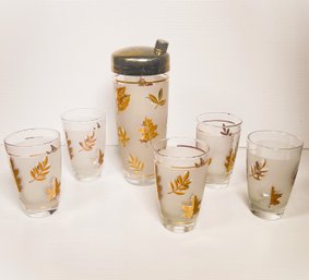 Libby Glass Company Frosted Gold Leaf Shaker And Cocktail Glasses