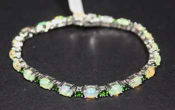 Fine Contemporary Sterling Silver Opal And Green Tourmaline Bracelet 7 1/2'