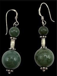 Vintage Sterling Silver Green Beaded Dangle Earrings