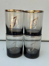 Set Of 4 Gold Rimmed Smoke On-the-rocks Glasses, Monogrammed With A 'j'