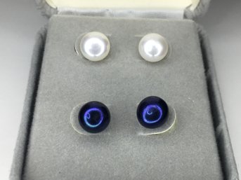 Two Pairs Brand New Genuine Cultured Pearl Earrings -traditional & Tahitian Pearls Mounted In Sterling / 925