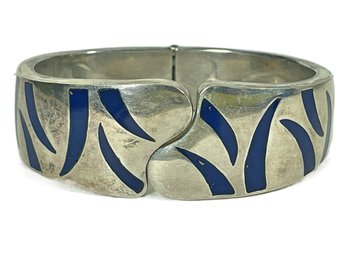 Very Heavy Mexica Sterling Silver Blue Enamel Clamp Cuff Bracelet