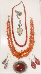 Lovely Lot Of Sterling And Stone Jewelry With Amber, Carnelian, Quartz And More