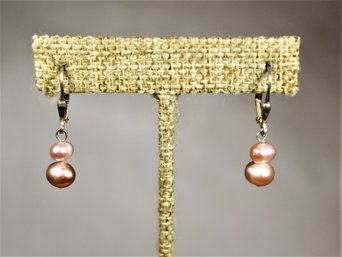 Sterling Silver And Pink Colored Cultured Pearl Pierced Earrings