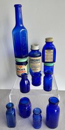 Lot Of 12 Cobalt Blue Glass Medicinal Bottles Some With Labels