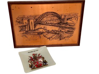 Newcastle England Souvenirs - Framed Metal Etching Of The Tyne Bridge & Coat Of Arms Ashtray