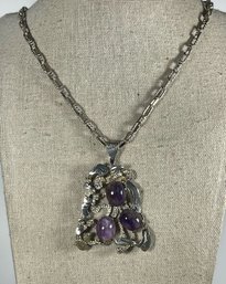 Heavy Mexican Sterling Silver Moderne Amethyst Large Necklace Pendant