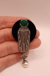 Sterling With Onyx, Malachite, Marcasites, And Pearl Pin Signed 'Vintage'