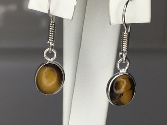 Very Pretty Sterling Silver / 925 Earrings With Highly Polished Tiger Eye - Very Nice Earrings - Nice Gift