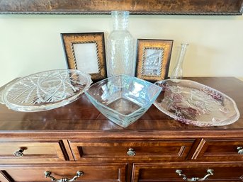 Party Lot, Pedestal Cake Plate, Platter W/ Flowers, Square Bowl, 2 Clear Vases, 2 Frames