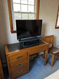 Oak Campaign Desk With Recessed Drawer Pulls And Matching Chair