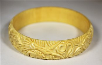 Very Fine Antique Hand Carved Bone Bangle Bracelet Having Dragon