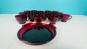 Vintage Anchor Hocking Royal Ruby Glass Punch Bowl Stand And Cups