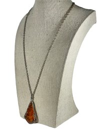 Large Sterling Silver Necklace Pendant Latge Genuine Amber Stone