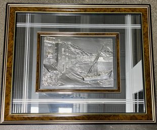 Italian Designer T.C. Silver Bas Relief Glass Mirror Art With Boat