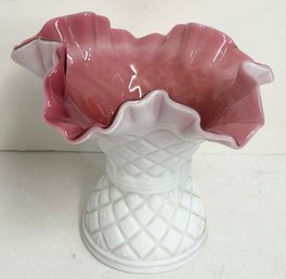 Diamond Quilted & Ruffled Top Art Glass Vase