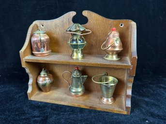 Apco Japan Miniature Brass Copper Kitchen Set With Wood Display Shelf