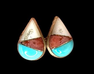 Vintage ZUNI Sterling Silver Multi Stone Inlay Teardrop Studs