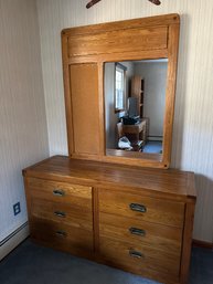 Solid Oak Campaign Dresser With Recessed Drawer Pulls And Matching Mirror