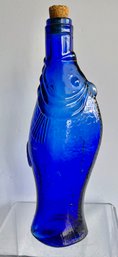 Vintage Hand Blown Embossed Fish Bottle With Cork