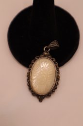 Sterling With Marcasites And Carved Mother Of Pearl Pendant