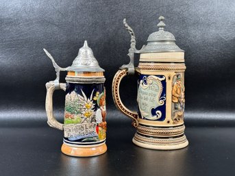 A Pair Of Classic Vintage Beer Steins In Ceramic