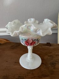 Iridescent Fenton Hand-Painted, Signed Ruffled Compote