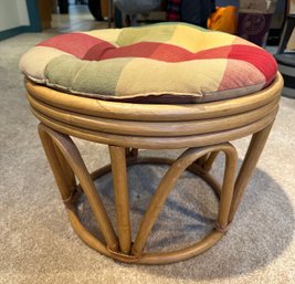 Vintage Mid Century Modern Bamboo Bentwood Rattan Stool With Cover Pillow.